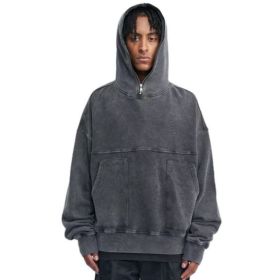 WASHED HOODIE Pigment Garments Slit Hoodie / Smoke Black