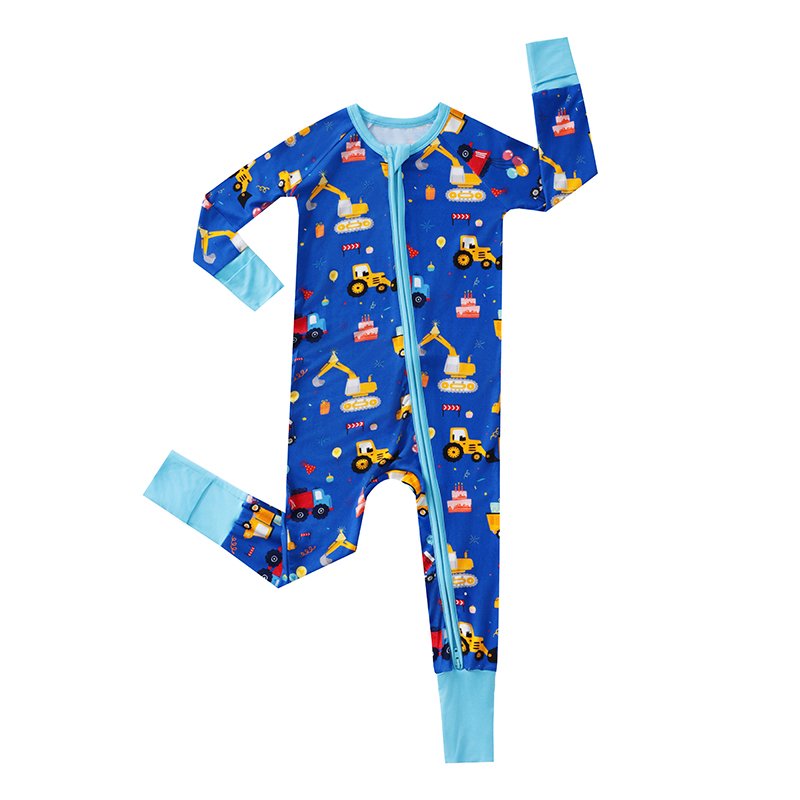 Factory Custom Boy Girl Baby Pajamas with Dinosaur Truck Print Bamboo Viscose Newborn Romper Zipper Sleeper Set Baby Clothes