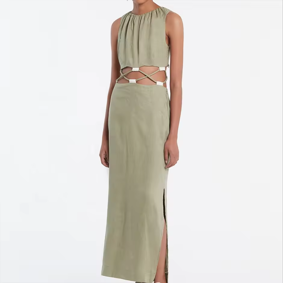 Custom Premium Women Casual Dress 100% Linen Fabric Elegant Vintage One- shoulder Maxi Ladies Hollow Loose Dress