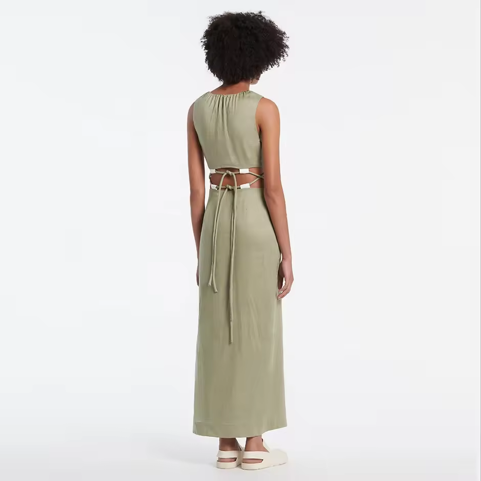 Custom Premium Women Casual Dress 100% Linen Fabric Elegant Vintage One- shoulder Maxi Ladies Hollow Loose Dress