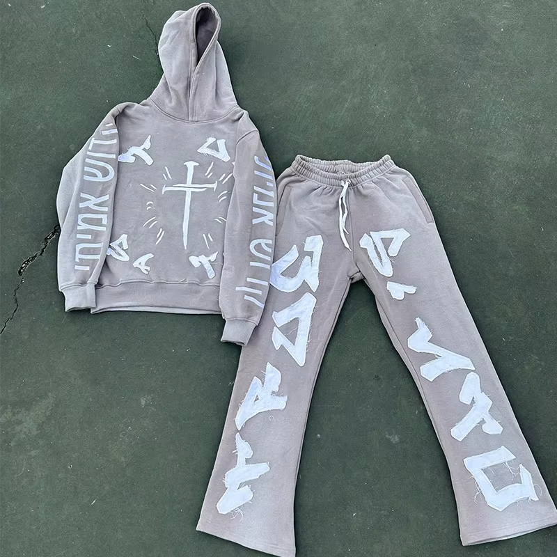 Men's High Quality Flare Two-Piece Set Custom Embroidery Patch Winter Sweatpants Hoodie Fleece Fabric Embossed Printing