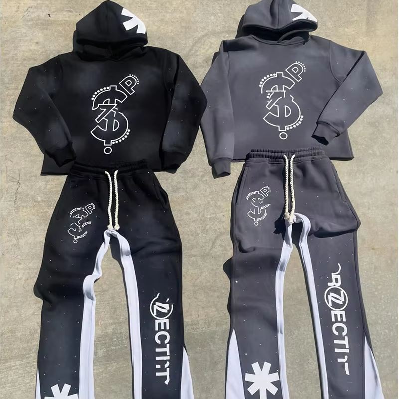 Men's High Quality Flare Two-Piece Set Custom Embroidery Patch Winter Sweatpants Hoodie Fleece Fabric Embossed Printing