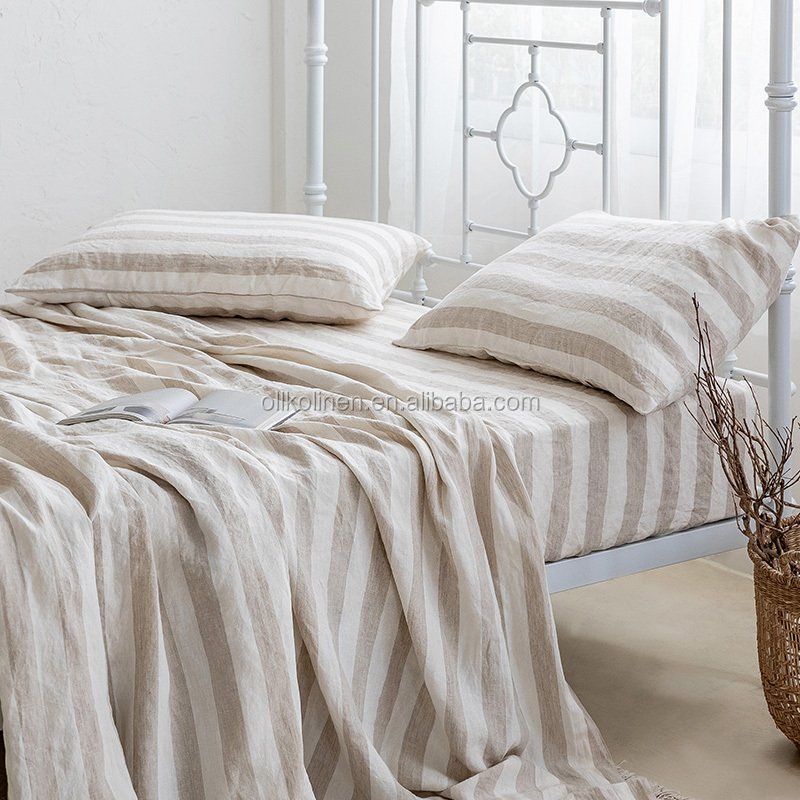 good quality hotel king and queen oekotex stripe belgium 100% linen duvet covers with button