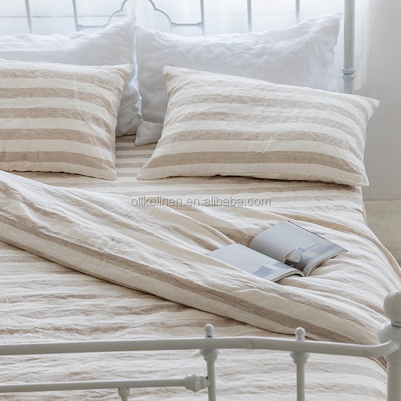 good quality hotel king and queen oekotex stripe belgium 100% linen duvet covers with button