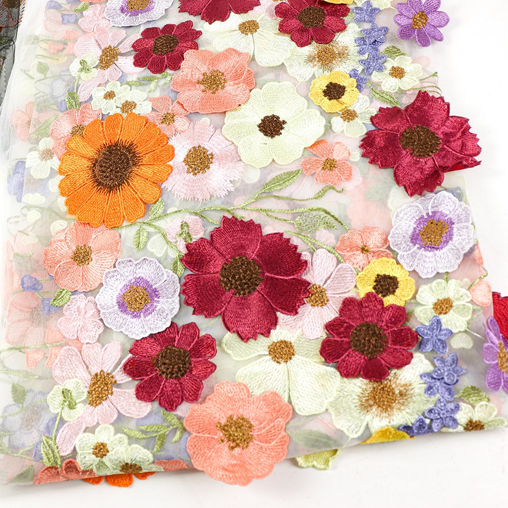 China wholesale low price 3d flower lace fabric embroidered 100% polyester sunflower pattern lace fabric for dress
