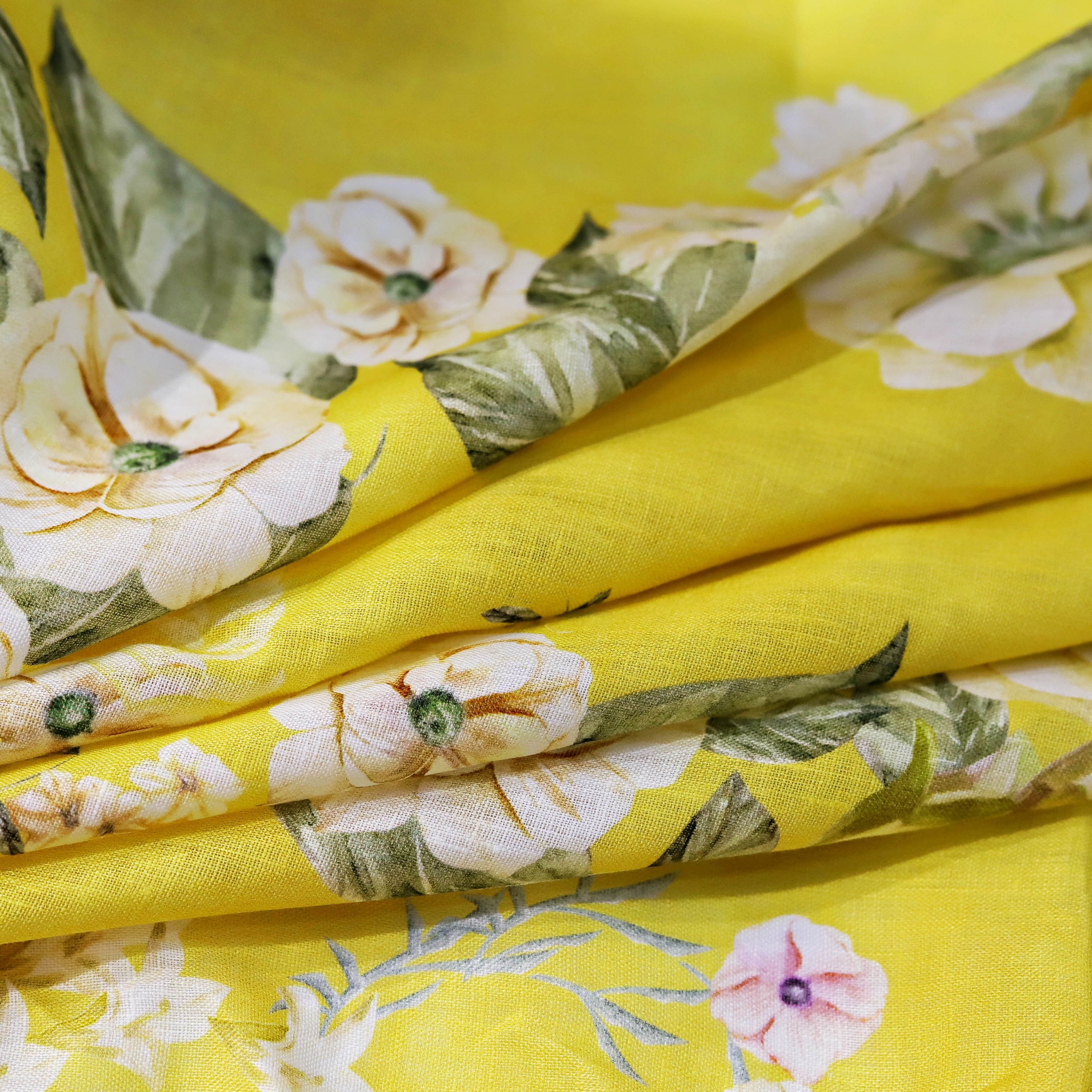 Custom print NO MOQ 100% flax pure linen fabric yellow floral printed fabric stock lot soft for clothing