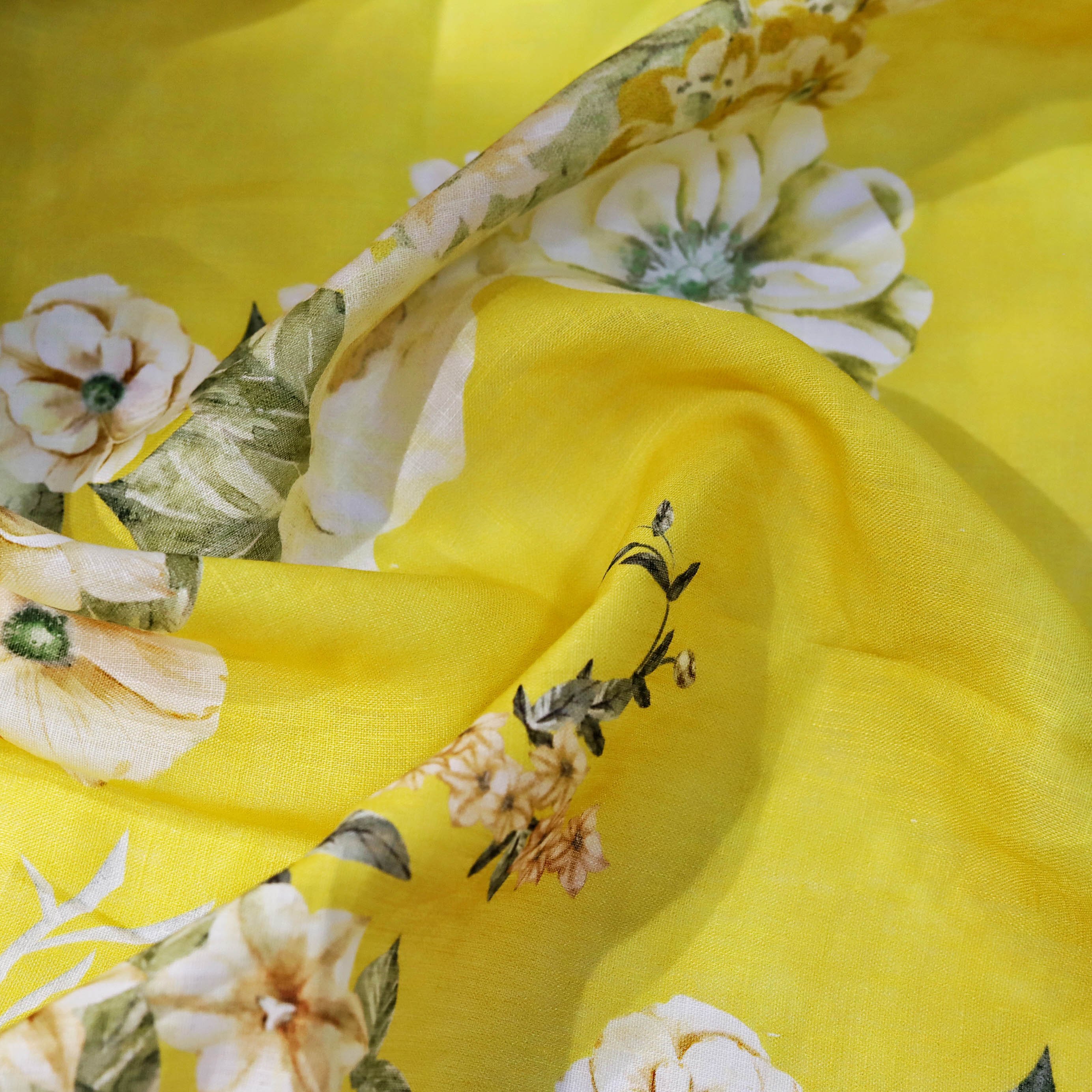 Custom print NO MOQ 100% flax pure linen fabric yellow floral printed fabric stock lot soft for clothing