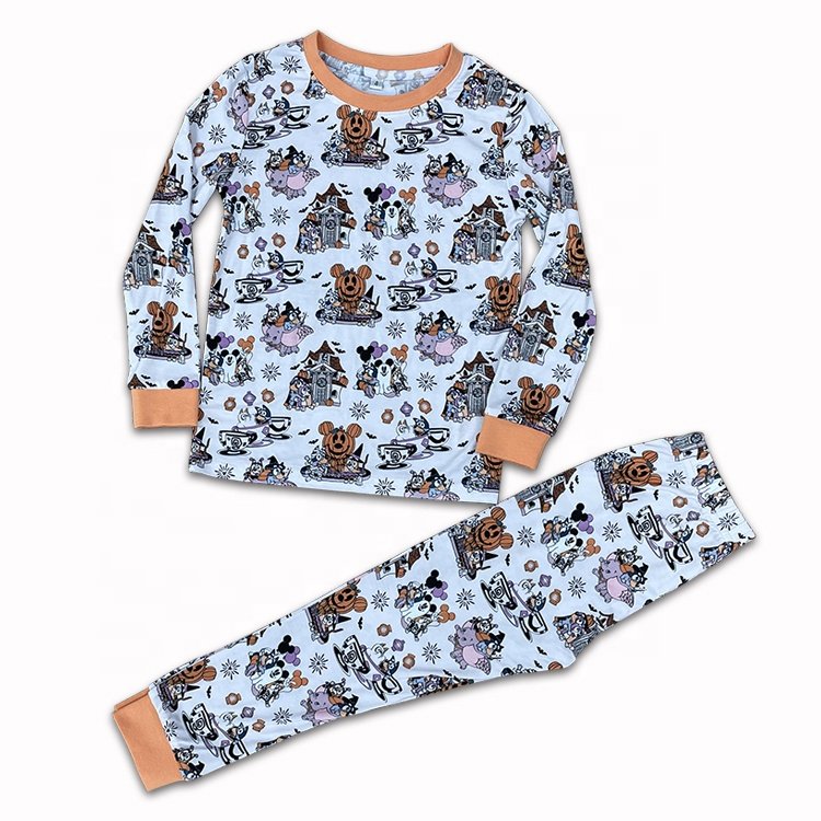 Custom Baby Sleeping Pyjamas 2 Piece Spandex Bamboo Cartoon Print Matching Halloween Pajamas Set Kids