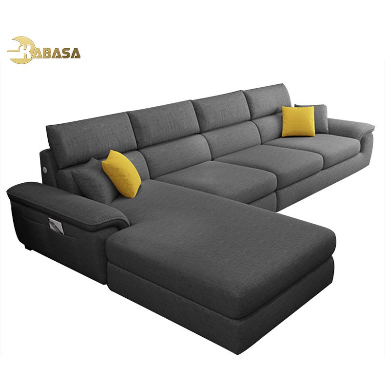 L shape 1+ 3 seater solid wood fabric padded seat sleeping lounge sofa