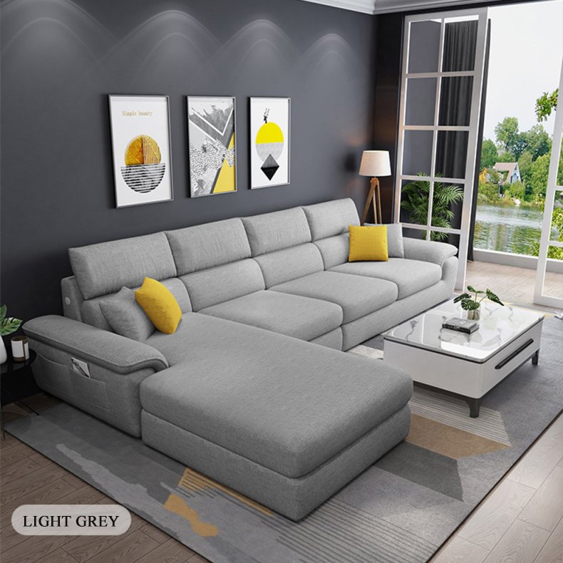 L shape 1+ 3 seater solid wood fabric padded seat sleeping lounge sofa