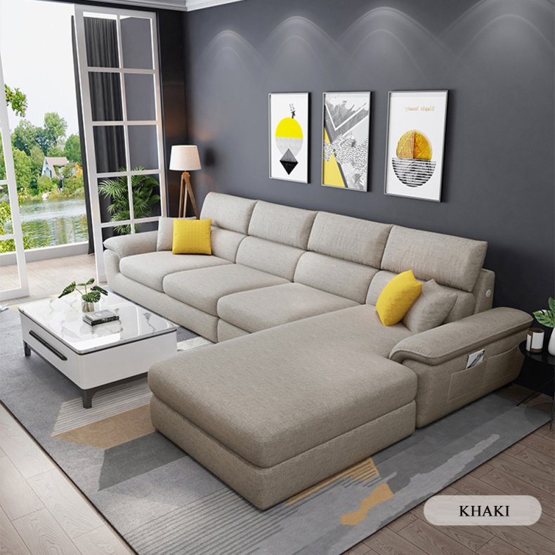 L shape 1+ 3 seater solid wood fabric padded seat sleeping lounge sofa