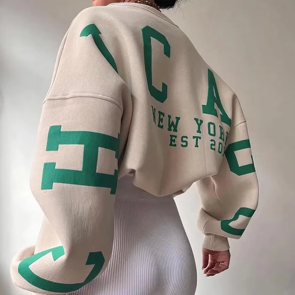 Oversized Women's Puff Print Logo Sweatshirt Custom Crew Neck Hoodie with Silk Terry Fabric Winter Pullover with Silk Material