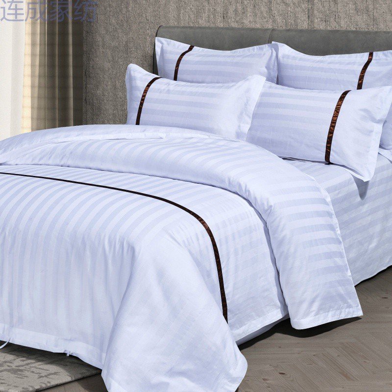 Hotel Luxury White Bed Sheet Set 3cm Stripe Jacquard Duvet Cover Bed Linen 100% Cotton Bedding Sheet for Star Hotel Wholesale