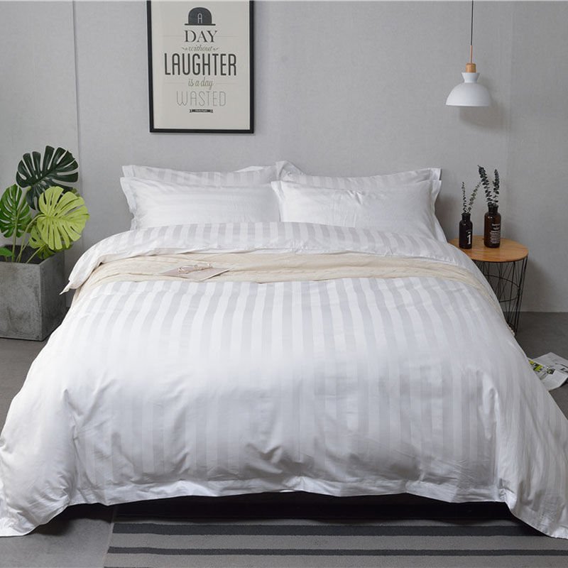 Hotel Luxury White Bed Sheet Set 3cm Stripe Jacquard Duvet Cover Bed Linen 100% Cotton Bedding Sheet for Star Hotel Wholesale