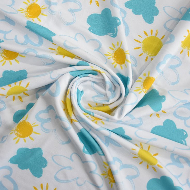 No Moq 95%Bamboo Fiber 5%Spandex Fabric Custom Cute Clouds And Sun Pattern Digital Printed 250gsm Bamboo Jersey For Baby