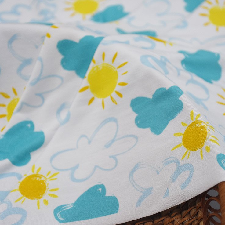 No Moq 95%Bamboo Fiber 5%Spandex Fabric Custom Cute Clouds And Sun Pattern Digital Printed 250gsm Bamboo Jersey For Baby