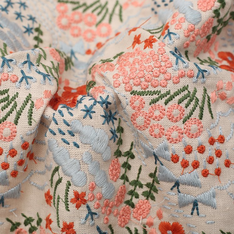 Width 125 cm Colorful handmade embroidery plant flowers fabric Bamboo Cotton Linen Rayon Fabric for cheongsam dress bag
