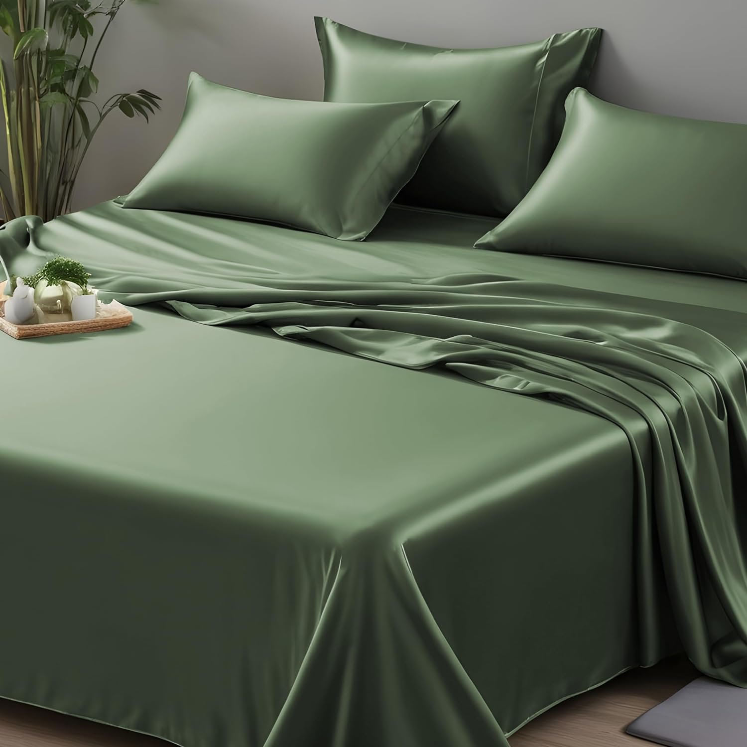 Bedding Set Wrinkle Resistant Silver Ion Cool Bamboo Woven Simple 60 Solid Grade a Sustainable Plain 300TC Full Size Dyed 4 Pcs
