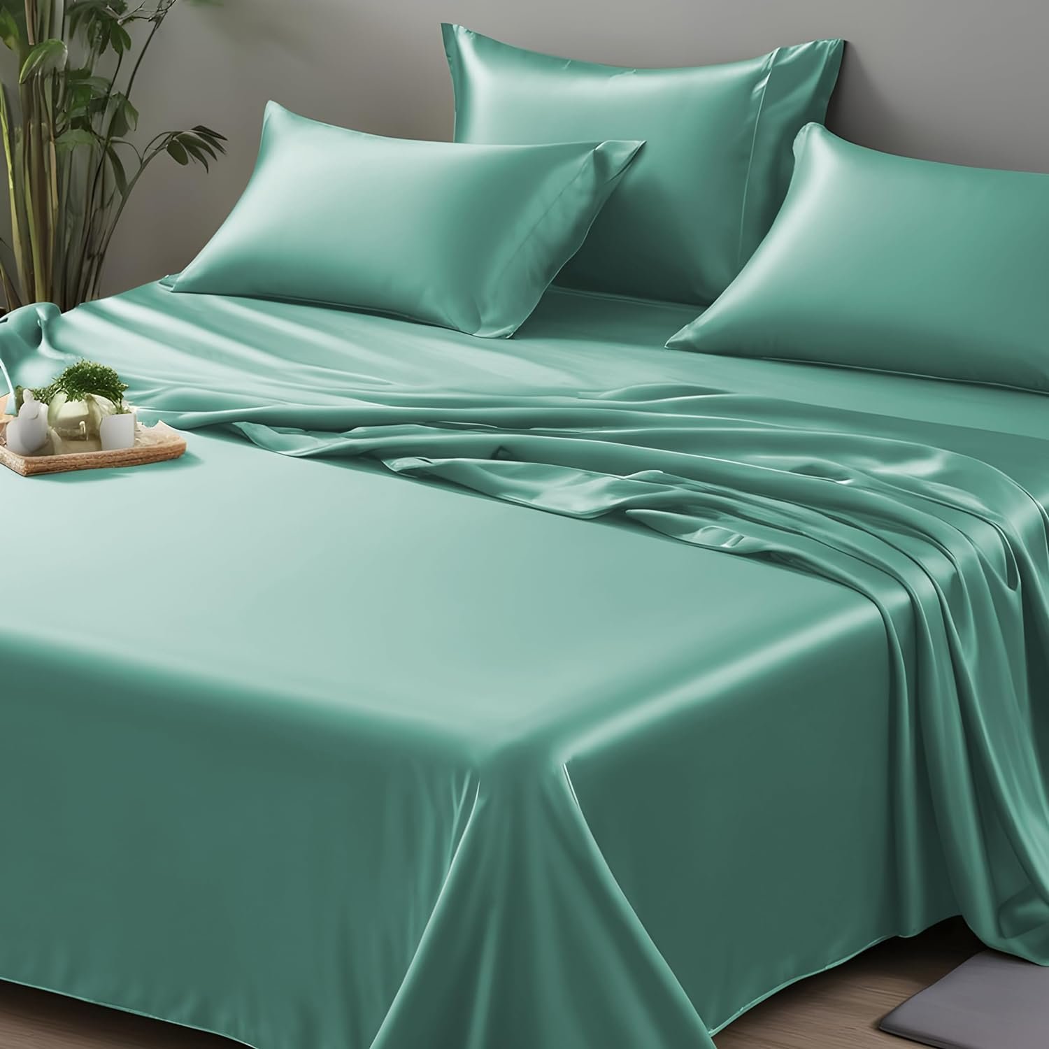 Bedding Set Wrinkle Resistant Silver Ion Cool Bamboo Woven Simple 60 Solid Grade a Sustainable Plain 300TC Full Size Dyed 4 Pcs