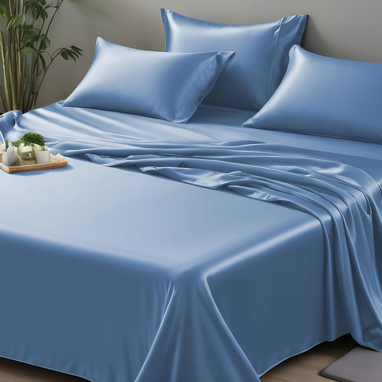 Bedding Set Wrinkle Resistant Silver Ion Cool Bamboo Woven Simple 60 Solid Grade a Sustainable Plain 300TC Full Size Dyed 4 Pcs