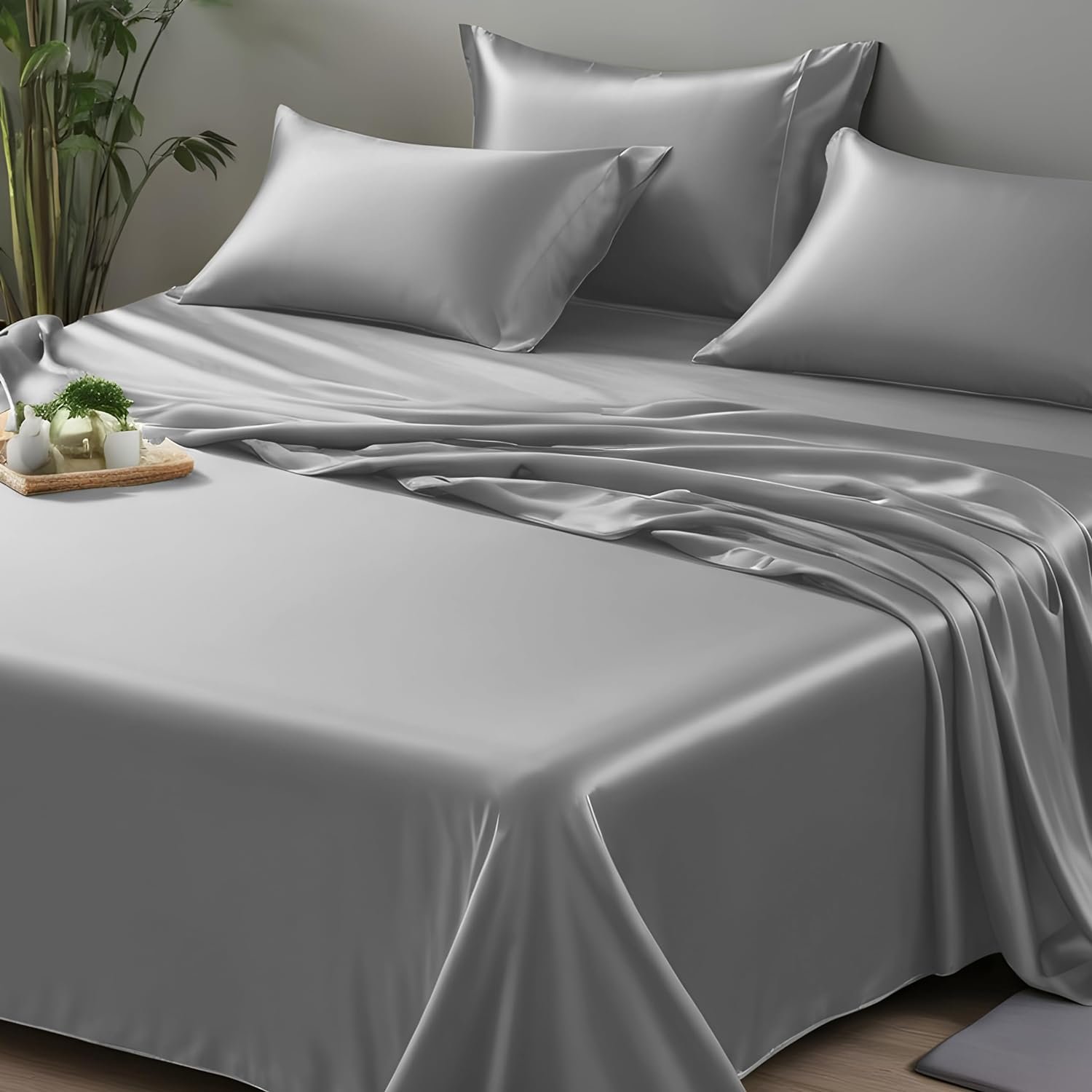 Bedding Set Wrinkle Resistant Silver Ion Cool Bamboo Woven Simple 60 Solid Grade a Sustainable Plain 300TC Full Size Dyed 4 Pcs