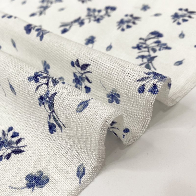 Harvest woven linen rayon plain sky blue small floral print fabric for girl wear dress linen print fabric ready goods floral