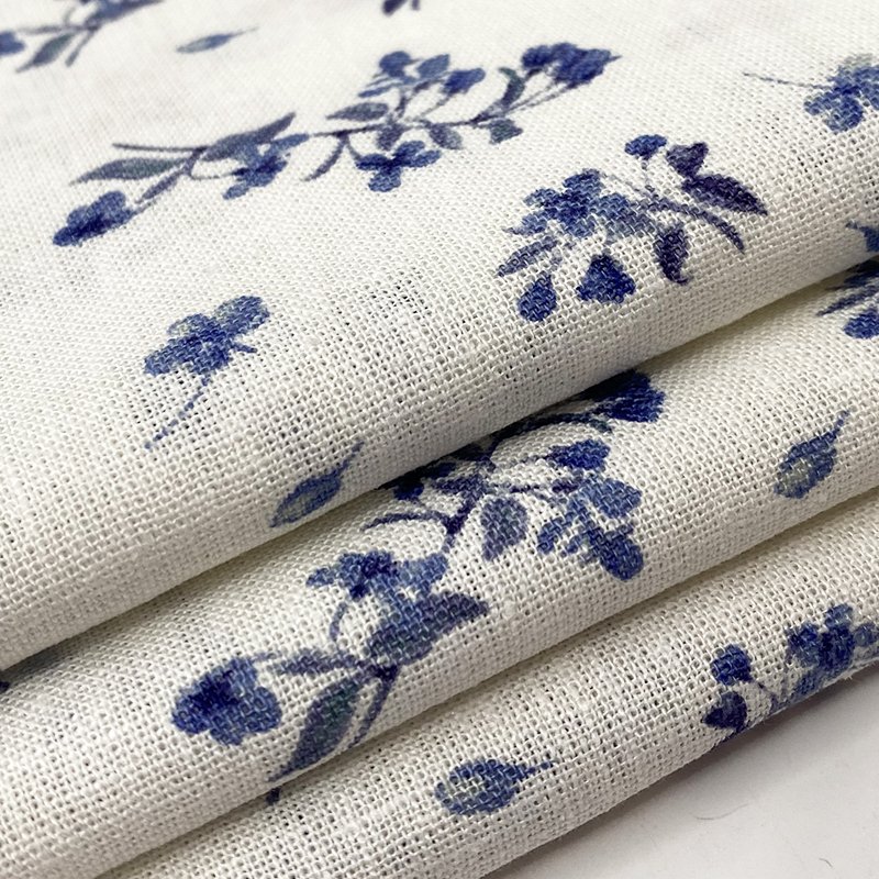 Harvest woven linen rayon plain sky blue small floral print fabric for girl wear dress linen print fabric ready goods floral