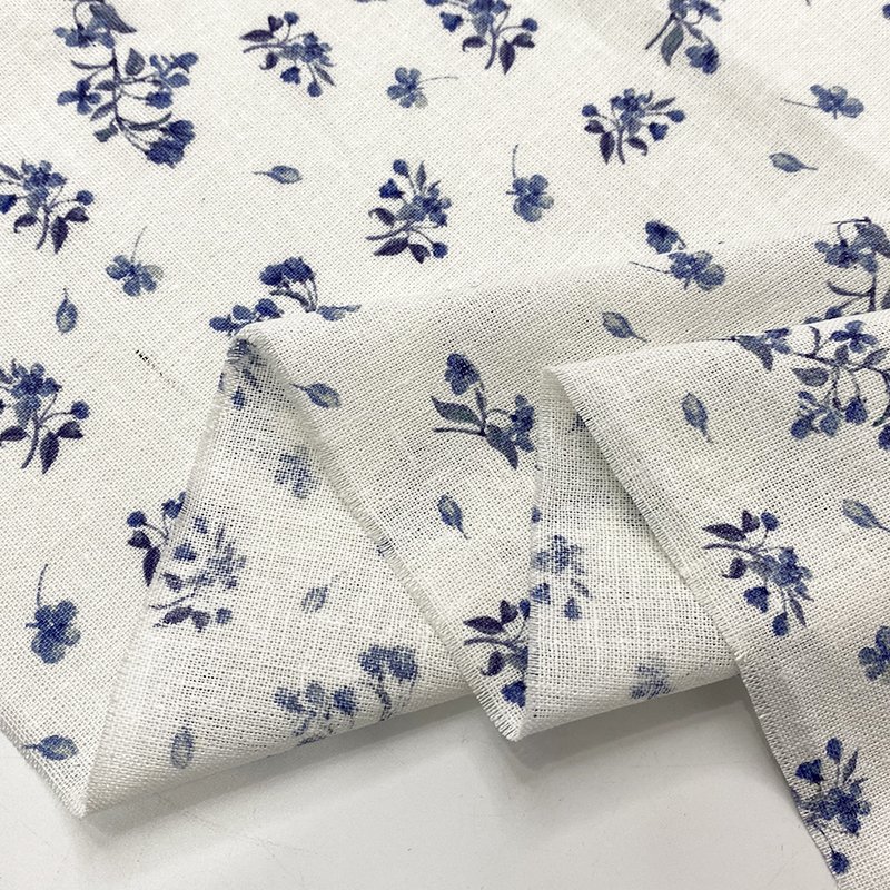 Harvest woven linen rayon plain sky blue small floral print fabric for girl wear dress linen print fabric ready goods floral