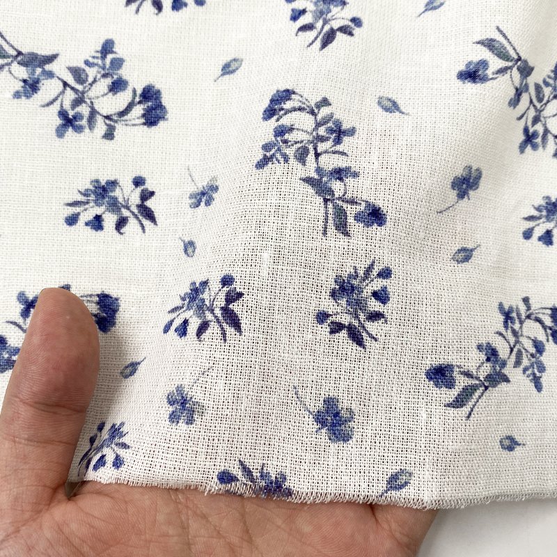 Harvest woven linen rayon plain sky blue small floral print fabric for girl wear dress linen print fabric ready goods floral