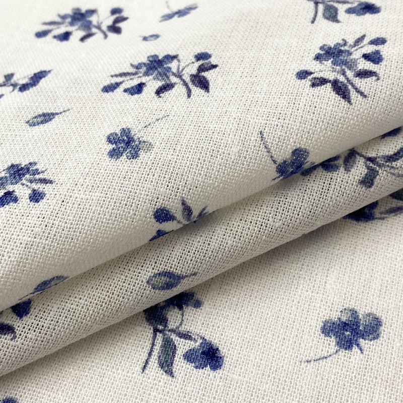 Harvest woven linen rayon plain sky blue small floral print fabric for girl wear dress linen print fabric ready goods floral