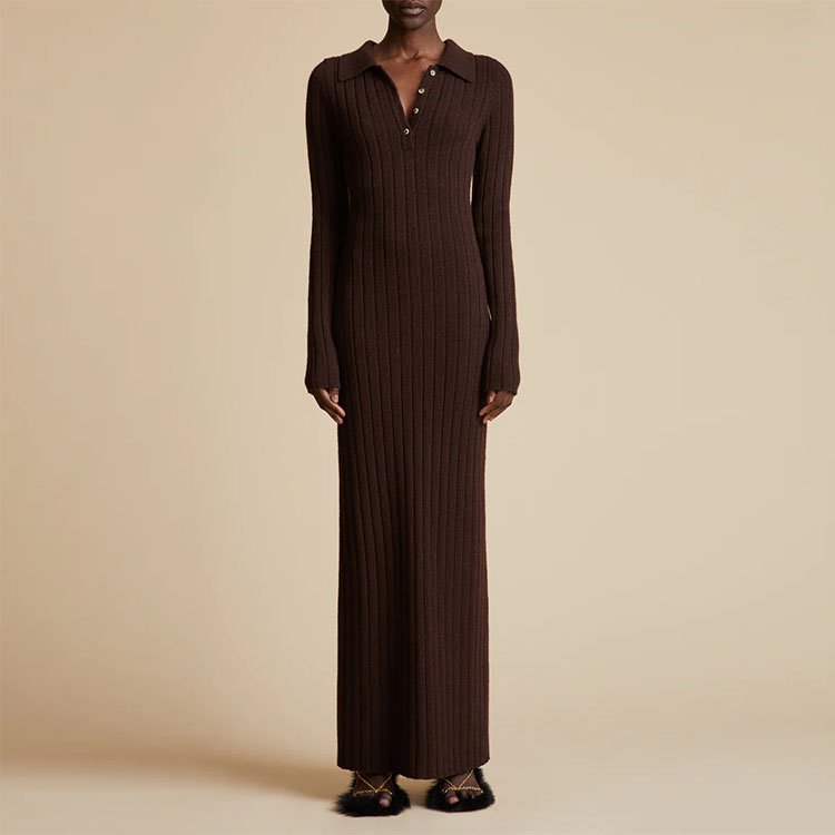 Knitwear manufacturer custom autumn winter beige polo collar long sleeve rib knit women long sweater dress