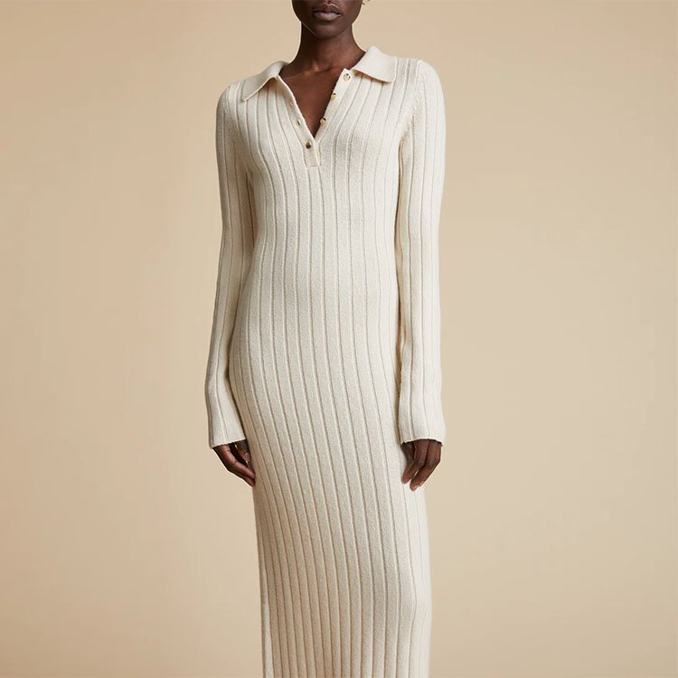 Knitwear manufacturer custom autumn winter beige polo collar long sleeve rib knit women long sweater dress