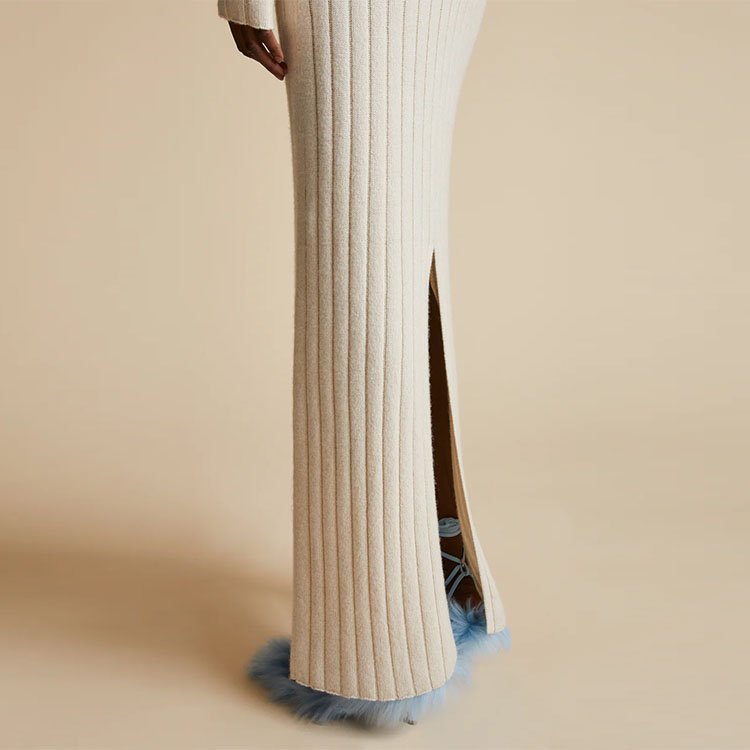 Knitwear manufacturer custom autumn winter beige polo collar long sleeve rib knit women long sweater dress