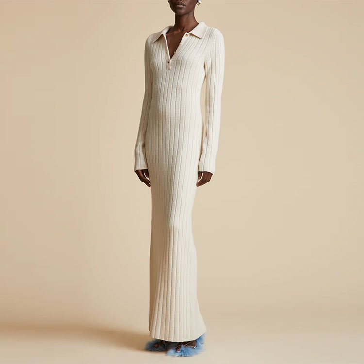 Knitwear manufacturer custom autumn winter beige polo collar long sleeve rib knit women long sweater dress