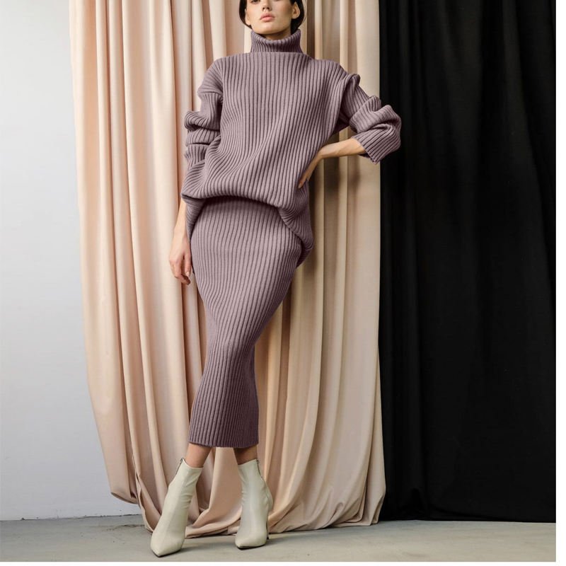 Winter new fashion custom women's warm turtleneck pullover knitted midi skirt 2 piece suit women's skirt sweater