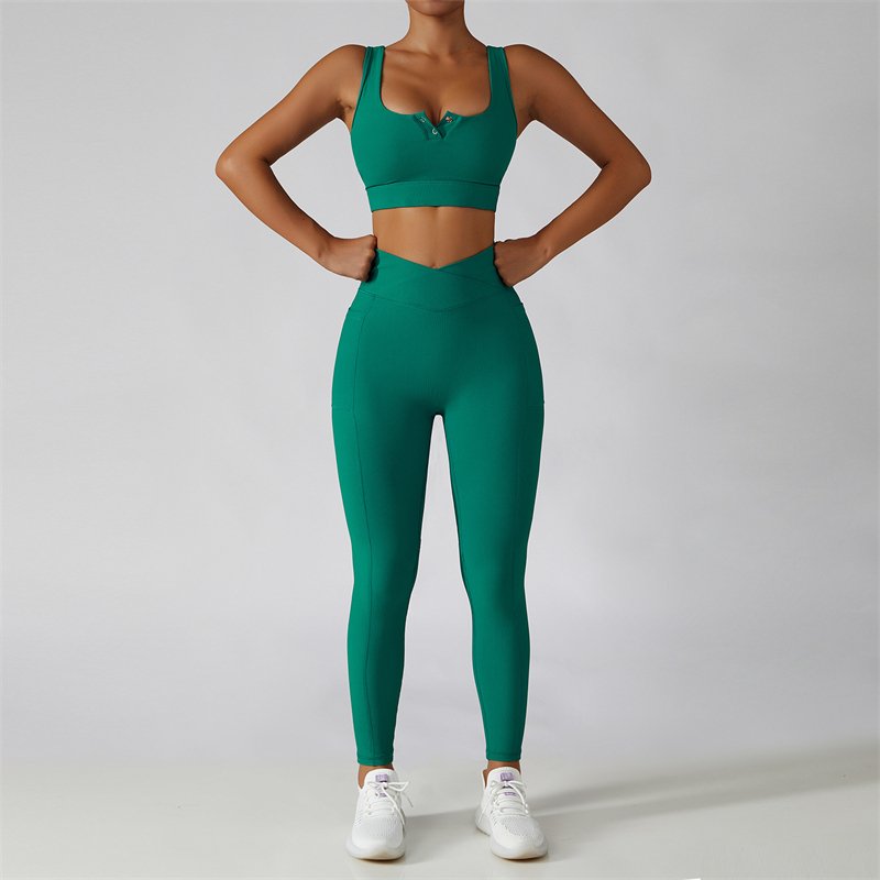 Front Button Fitness Clothes Seamless Women Two Piece Yoga Seamless Set Active Wear Rib Yoga Set