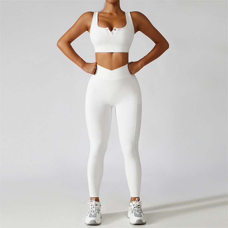 Front Button Fitness Clothes Seamless Women Two Piece Yoga Seamless Set Active Wear Rib Yoga Set