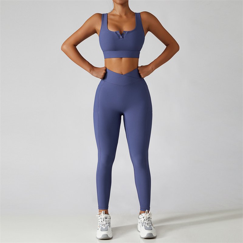 Front Button Fitness Clothes Seamless Women Two Piece Yoga Seamless Set Active Wear Rib Yoga Set