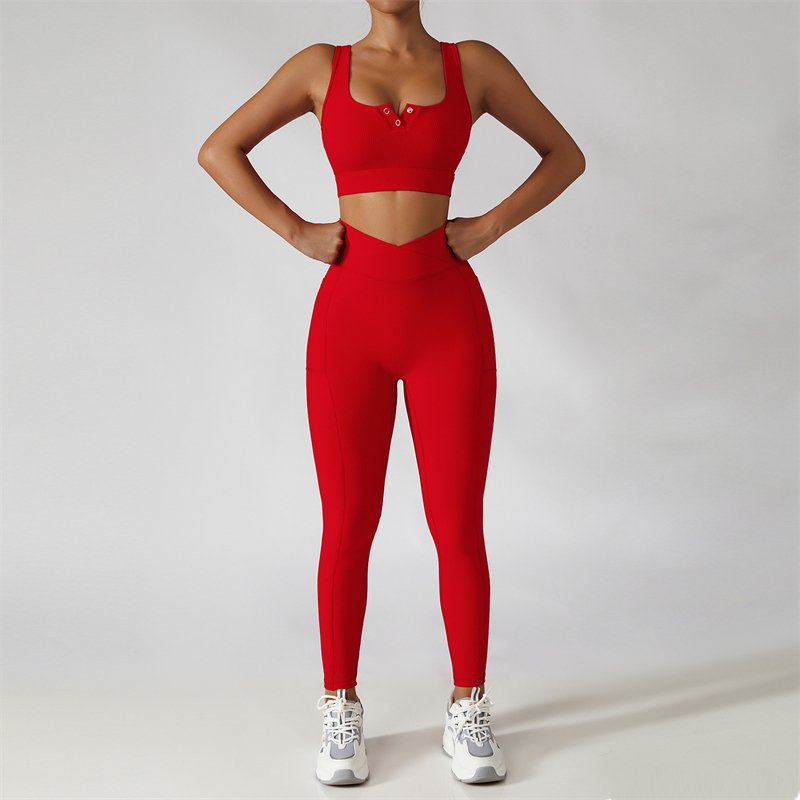Front Button Fitness Clothes Seamless Women Two Piece Yoga Seamless Set Active Wear Rib Yoga Set