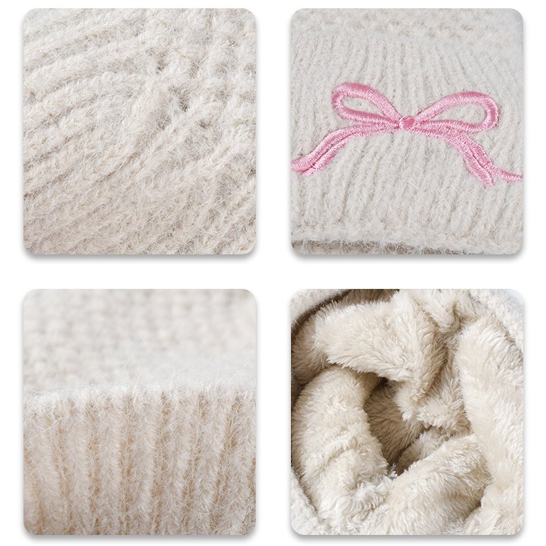 Faux Fur Pom Beanie Winter Pompom Beanie Hat With Embroidered Bow Womens Solid Pom Knit Beanie Custom Logo