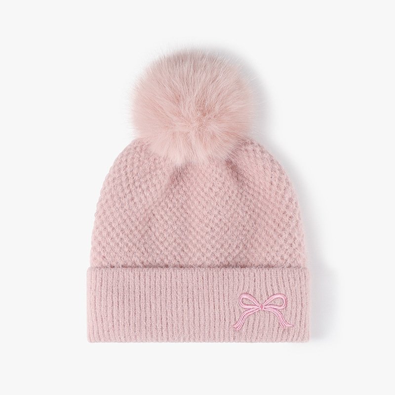 Faux Fur Pom Beanie Winter Pompom Beanie Hat With Embroidered Bow Womens Solid Pom Knit Beanie Custom Logo