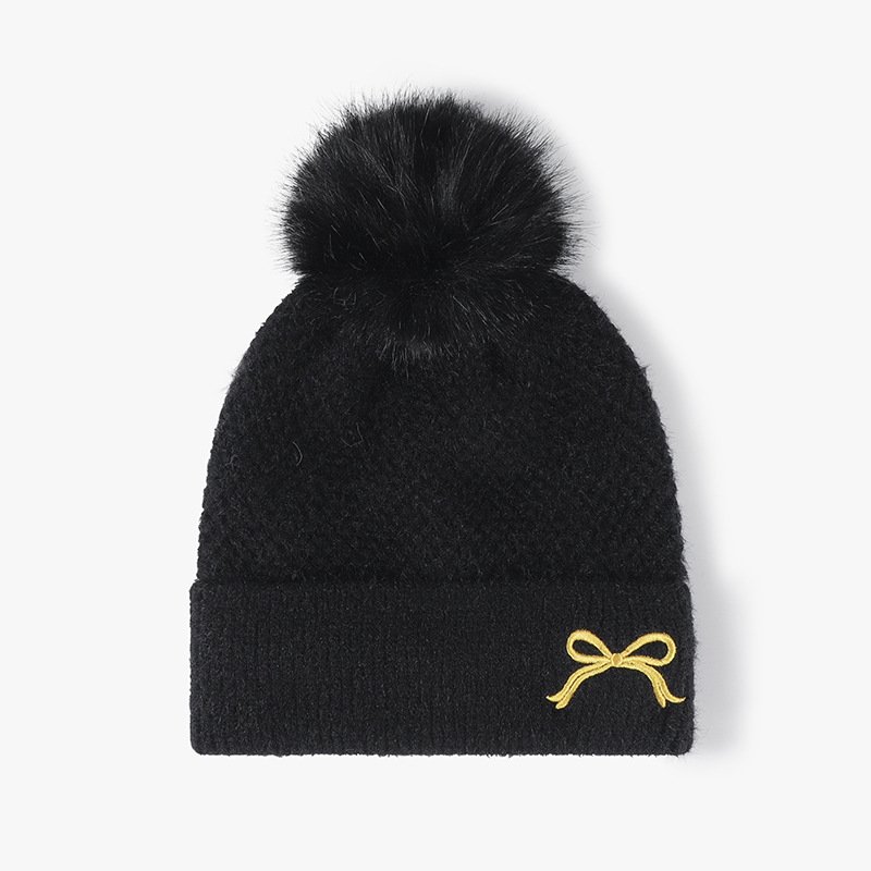 Faux Fur Pom Beanie Winter Pompom Beanie Hat With Embroidered Bow Womens Solid Pom Knit Beanie Custom Logo