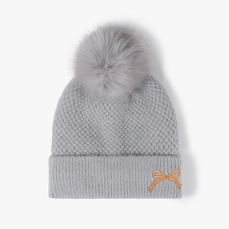 Faux Fur Pom Beanie Winter Pompom Beanie Hat With Embroidered Bow Womens Solid Pom Knit Beanie Custom Logo