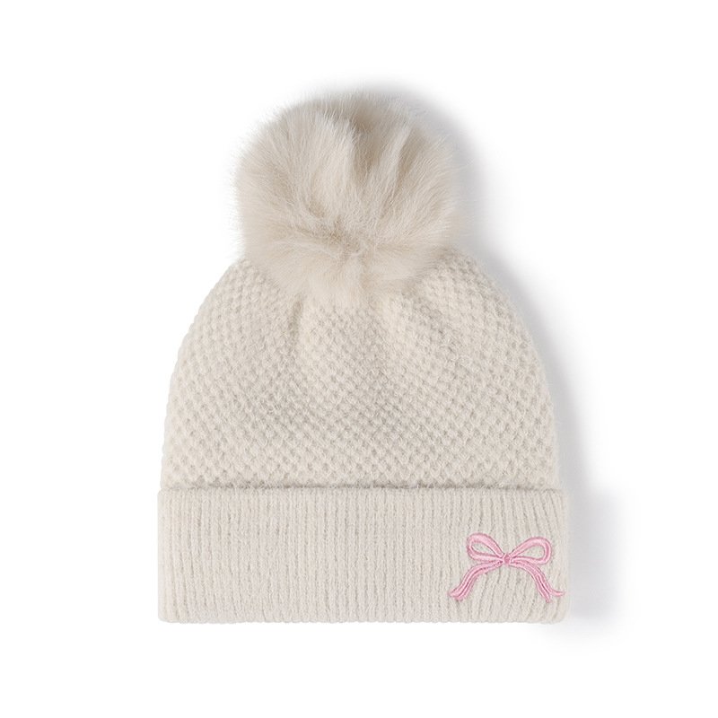 Faux Fur Pom Beanie Winter Pompom Beanie Hat With Embroidered Bow Womens Solid Pom Knit Beanie Custom Logo
