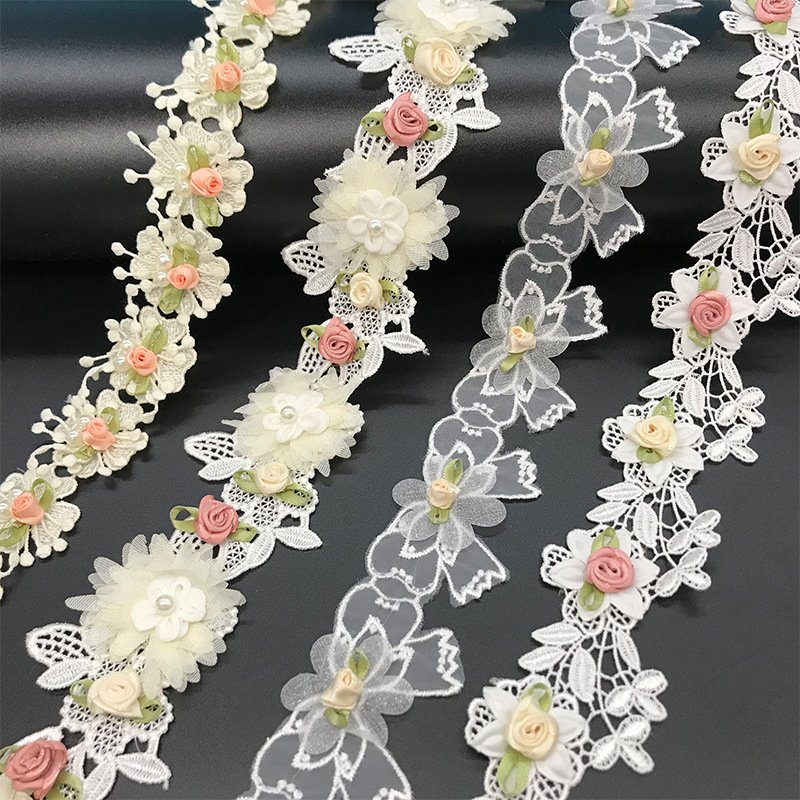 Polyester Water Soluble Flower lace Ribbon Exquisite 3 d rose beaded pearl embroidery lace trim for curtain wedding dress
