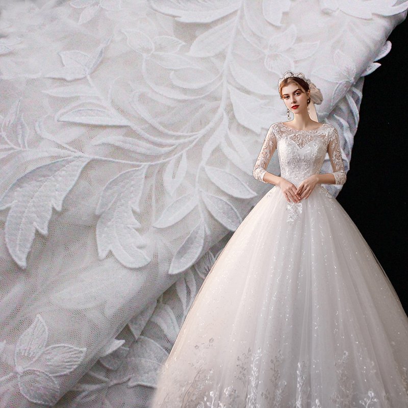 Wholesale Custom Embroidered White Mesh Lace Fabric for Weddings Dress & Clothing Trimming Border Custom Wedding Embroidery