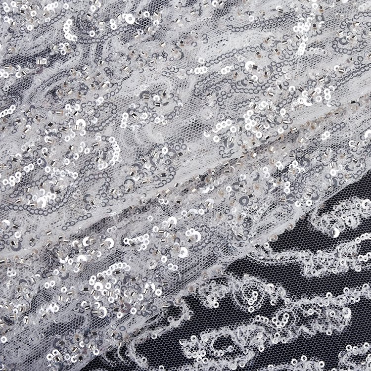 Hot sales china wholesale embroidery beaded sequin white embroidered design mesh lace fabrics for women dress