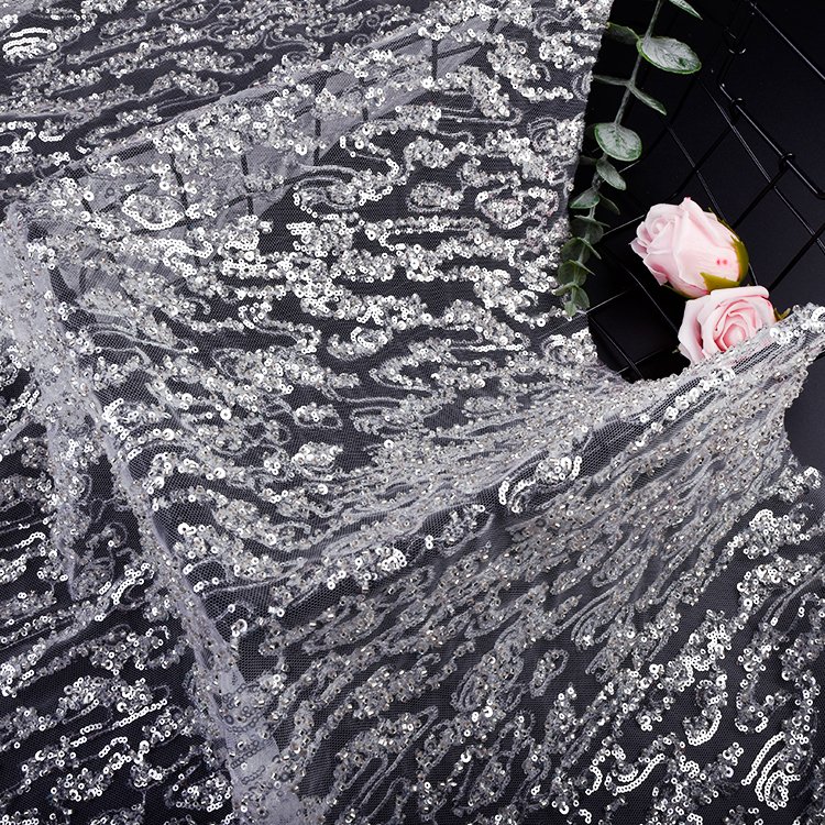 Hot sales china wholesale embroidery beaded sequin white embroidered design mesh lace fabrics for women dress