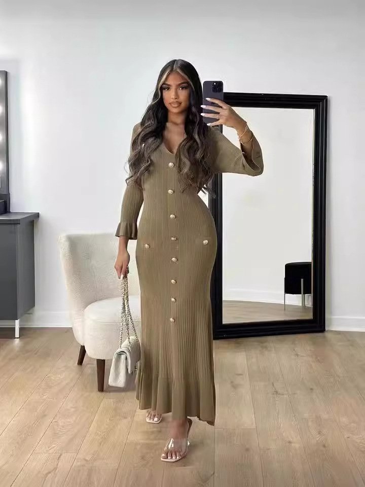 Button Lapel Slim Fit Knitted Women's Long Sleeve Turn-down Collar Sweater Dress Button Rib Slim Ribeed Elegant Maxi Dress 2854