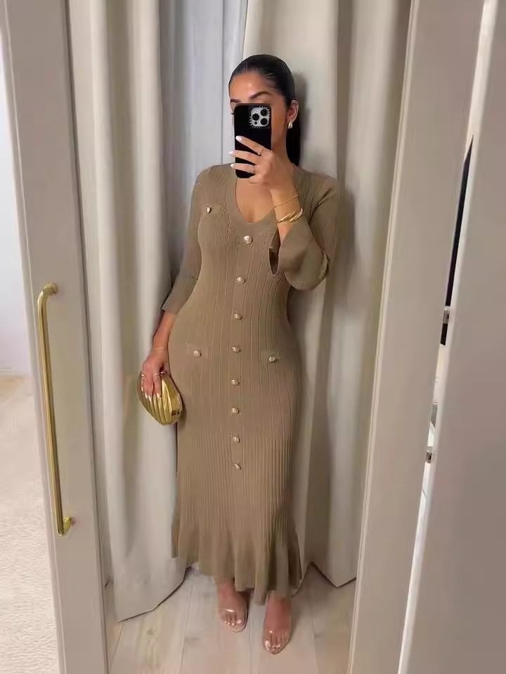 Button Lapel Slim Fit Knitted Women's Long Sleeve Turn-down Collar Sweater Dress Button Rib Slim Ribeed Elegant Maxi Dress 2854